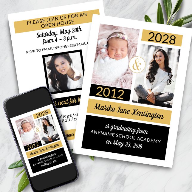 Black Guld School Färg då och nu Studenten Inbjudningar (Black Gold School Colors Then and Now Graduation Announcement)