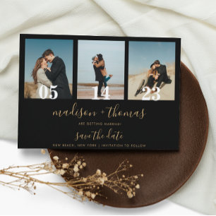 Black Guld Script 3 Photo Bröllop spara datum Magnetisk Inbjudningskort