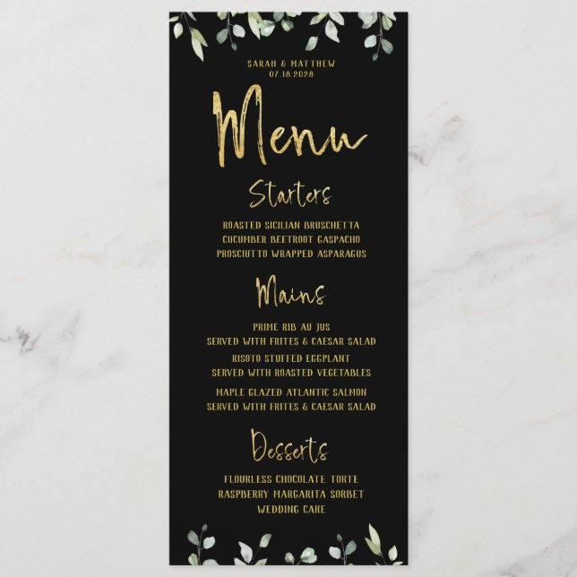 Black & Guld Script Calligraphy Classic Bröllop Meny (Framsida)