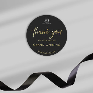 Black Guld Script Grand Open Logotyp Tack Runt Klistermärke