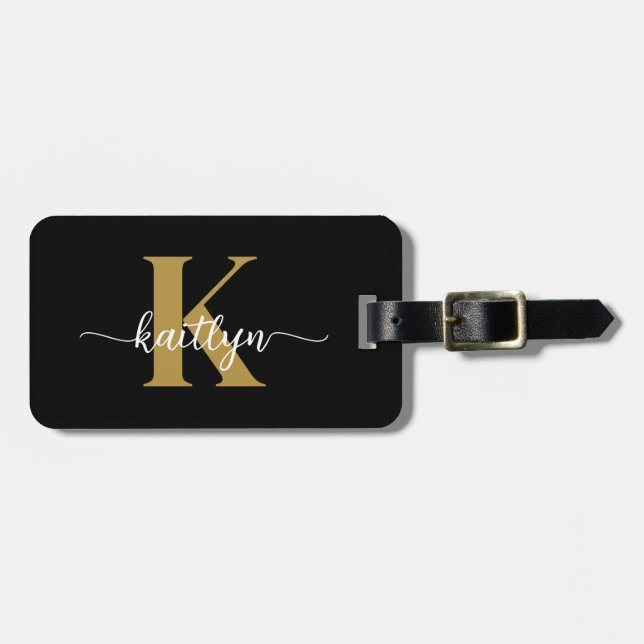 Black Guld Script Monogram Bagagebricka (Horisontell Framsida)