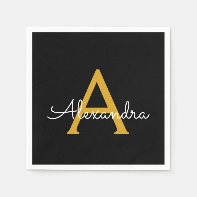 Black Guld Script Monogram Namn Modern Pappersservett (Framsidan)