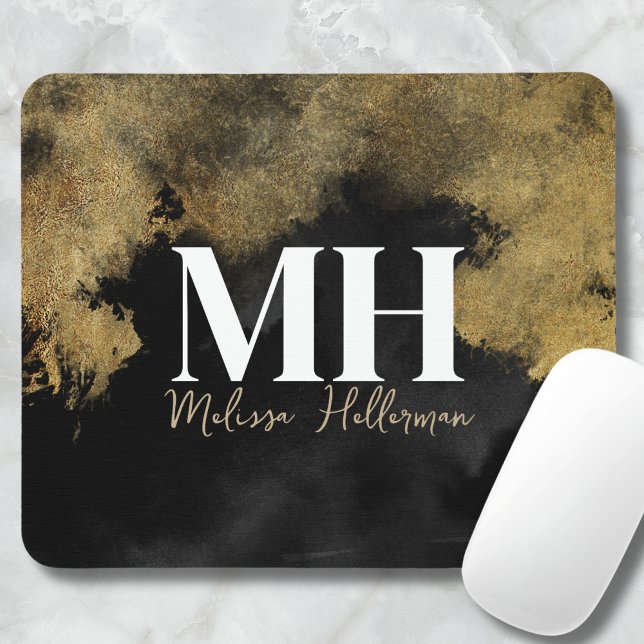 Black Guld Script Namn Monogram Musmatta (Black Gold Script Name Monogram Mouse Pad)
