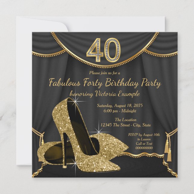 Black Guld Shoe Fabulous 40:e födelsedagen Party Inbjudningar (Framsida)