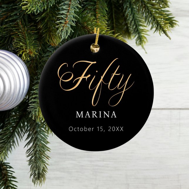 Black guld-skript namn 50-årsdag julgransprydnad keramik (Skapare uppladdad)