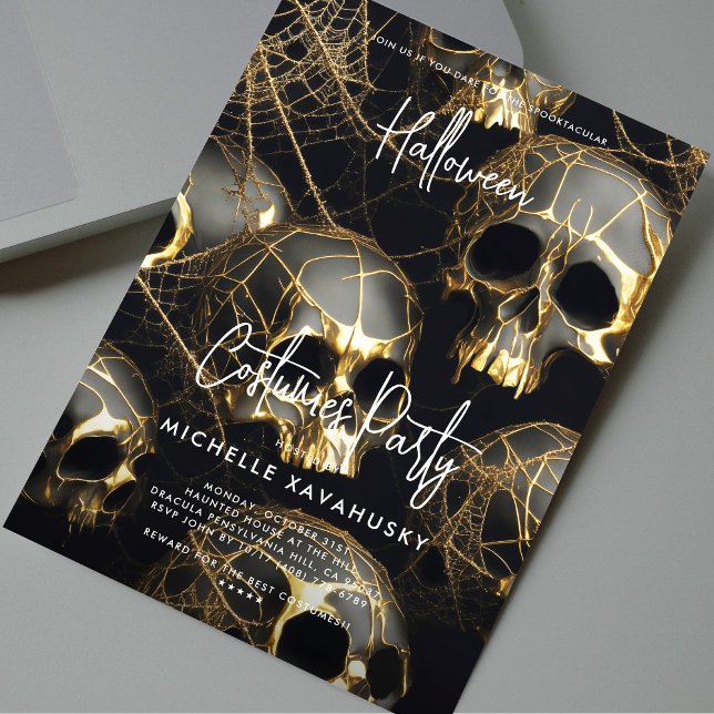 Black Guld Skull Vuxen Halloween fest Modern Inbjudningar (Black Gold Skull Adult Halloween Party Modern Invitation
)