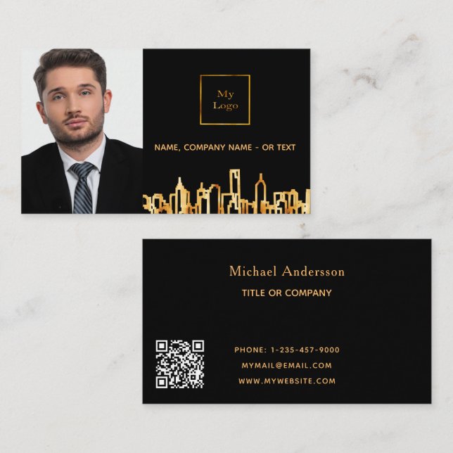 Black guld skyline real gods-fotot QR-logotyp Visitkort (Fram/baksida)