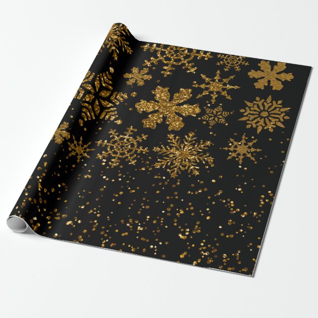 Black & Guld Snöflingor Stars God jul Presentpapper (Utrullad)