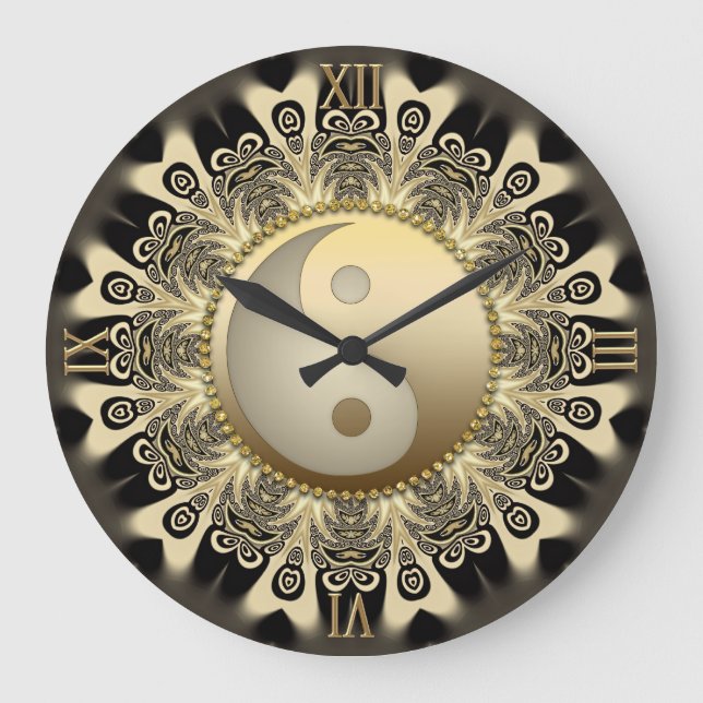 Black Guld Snöre Mandala Balance YinYang Wall Cloc Stor Klocka (Framsida)