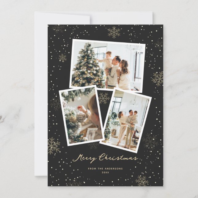 Black Guld Snowflake Photo God jul Card Julkort (Framsida)