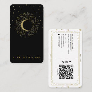 Black & Guld Stars Celestial Sunburst Måne QR Visitkort