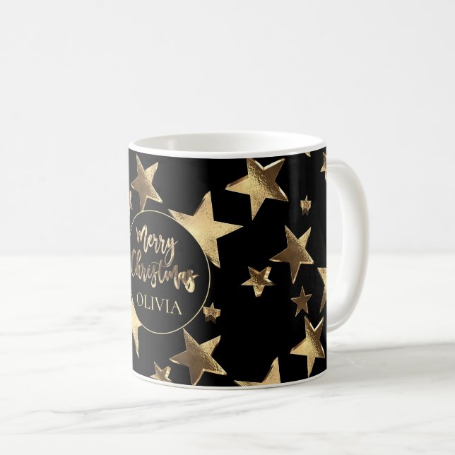 Black Guld Stars Mönster Add Namn God jul Kaffemugg (Framsida höger)
