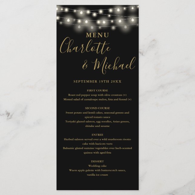 Black Guld String Ljus Namnteckning Bröllop Menu Meny (Framsida)