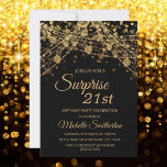 Black Guld String Ljus Surprise 21:a födelsedagen Inbjudningar<br><div class="desc">21:a födelsedag för kvinnor med glittrande guld-sträng ljus och mousserande bokeh på en fet svart bakgrund. Eftersom text är anpassade är inbjudan designad för ett dam som firar någon födelsedag. (18:e, 21:e, 30:e, 40:e, 50:e, 60:e, 70:e, 80:e, 90:e, 100:e... (eller någon ålder). Texten, typsnitt och ordalydelsen är helt och hållet...</div>