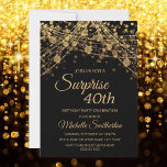 Black Guld String Ljus Surprise 40:e födelsedagen Inbjudningar<br><div class="desc">40:e födelsedagsinbjudan till kvinnor med glittrande guld-sträng ljus och mousserande bokeh på en fet svart bakgrund. Eftersom text är anpassade är inbjudan designad för ett dam som firar någon födelsedag. (18:e, 21:e, 30:e, 40:e, 50:e, 60:e, 70:e, 80:e, 90:e, 100:e... (eller någon ålder). Texten, typsnitt och ordalydelsen är helt och hållet...</div>