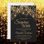 Black Guld String Ljus Surprise 50:e födelsedagen Inbjudningar<br><div class="desc">Femtionde födelsedagsfest inbjudan för kvinnor med glittrande guld-strängar ljus och mousserande bokeh med fet svart bakgrund. Eftersom text är anpassade är inbjudan designad för ett dam som firar någon födelsedag. (18:e, 21:e, 30:e, 40:e, 50:e, 60:e, 70:e, 80:e, 90:e, 100:e... (eller någon ålder). Texten, typsnitt och ordalydelsen är helt och hållet...</div>