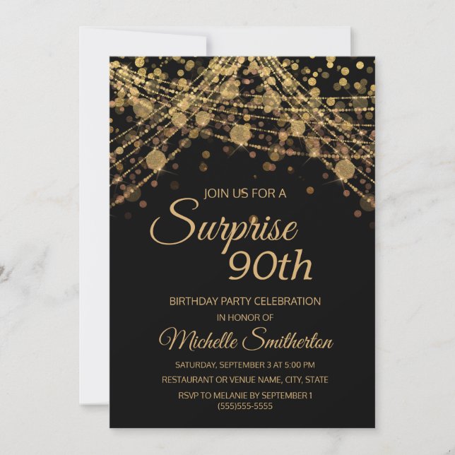 Black Guld String Ljus Surprise 90:e Birthday Inbjudningar (Framsida)