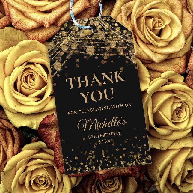 Black Guld String Ljus Vuxen Birthday Tack Presentetikett (Skapare uppladdad)