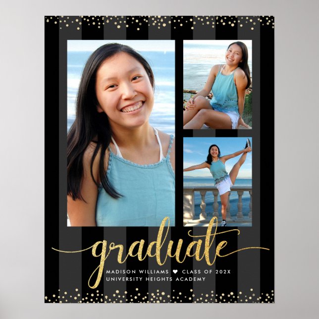 Black Guld Studenten 3 Photo Glitter Script Chic Poster (Framsidan)