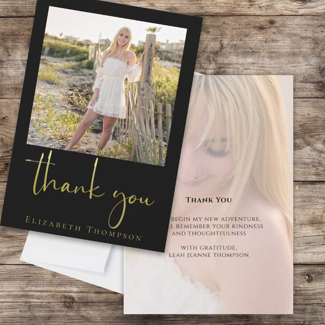 Black Guld Studenten Photo Tack Anpassningsbar Kort (Graduation photo thank you card with a two photo template)