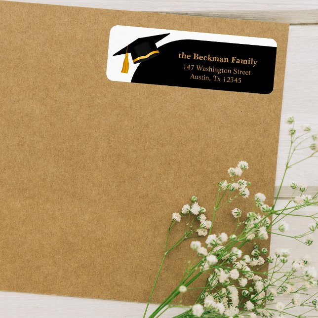 Black Guld Studentmössa Returadress Etikett (Black Gold Graduation Cap Return Address Label)