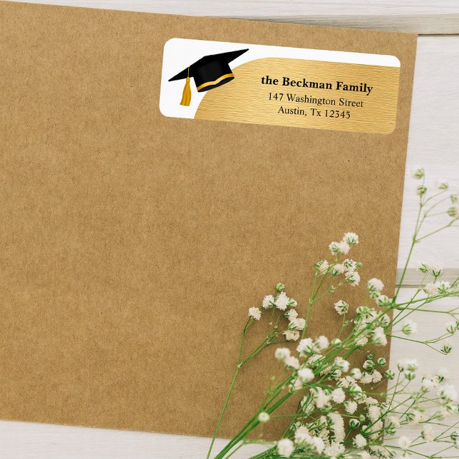 Black Guld Studentmössa Returadress Etikett (Black Gold Graduation Cap Return Address Label)
