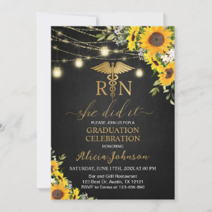 Black Guld SunblommblommRN Nursing School Studente Inbjudningar