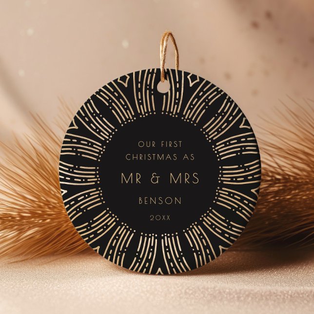 Black & Guld Sunburst Art Deco Vår första jul Julgransprydnad Keramik (Skapare uppladdad)