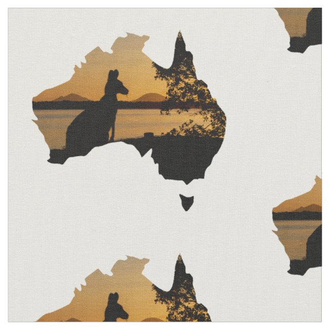 Black & Guld Sunset Kangaroo Träd Silhouette Tyg (Närbild)