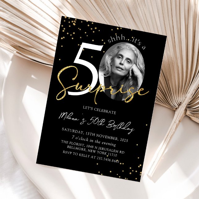 Black Guld Surprise 50:e födelsedag Fotoinbjudan Inbjudningar (Skapare uppladdad)