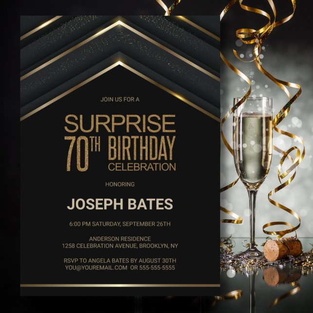 Black Guld Surprise 70:e födelsedagen Inbjudningar (Skapare uppladdad)