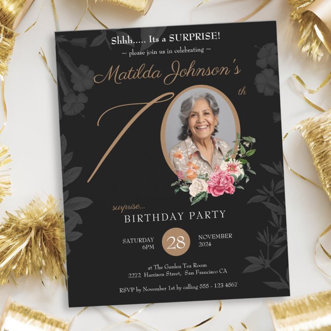 Black Guld Surprise 70:e Födelsedagsfest inbjudan (Black Gold Surprise 70th Birthday Party Invitation)