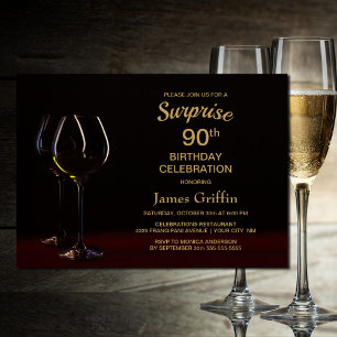 Black Guld Surprise 90:e Birthday Vin Glass Party Inbjudningar