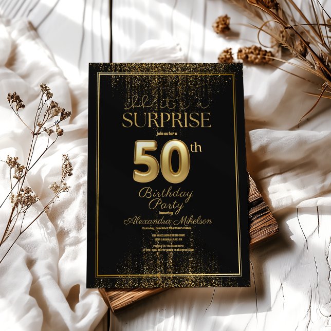 Black Guld Surprise Typography 50 Birthday Inbjudningar (Skapare uppladdad)