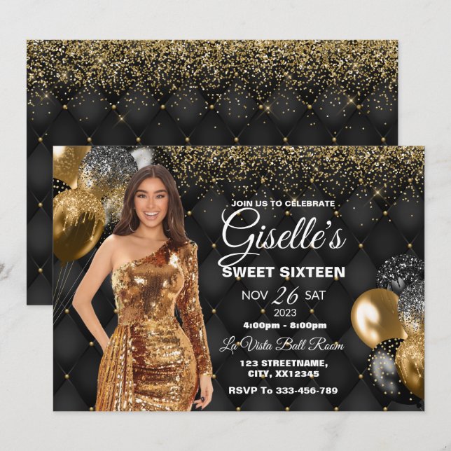 Black & Guld Sweet 16 Girl Birthday-inbjudan Inbjudningar (Fram/baksida)