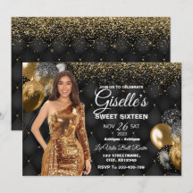 Black & Guld Sweet 16 Girl Birthday-inbjudan
