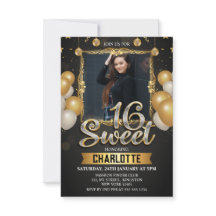Black & Guld Sweet 16 Photo Glitter Balloon