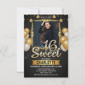 Black & Guld Sweet 16 Photo Glitter Balloon Inbjudningar