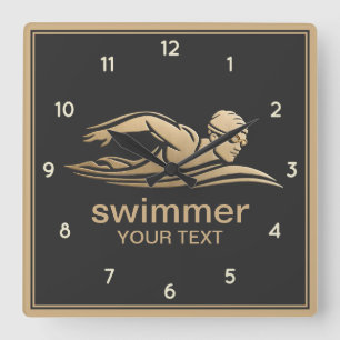 Black Guld Swimmer Swimming Bassäng Vatten Anpassn Fyrkantig Klocka