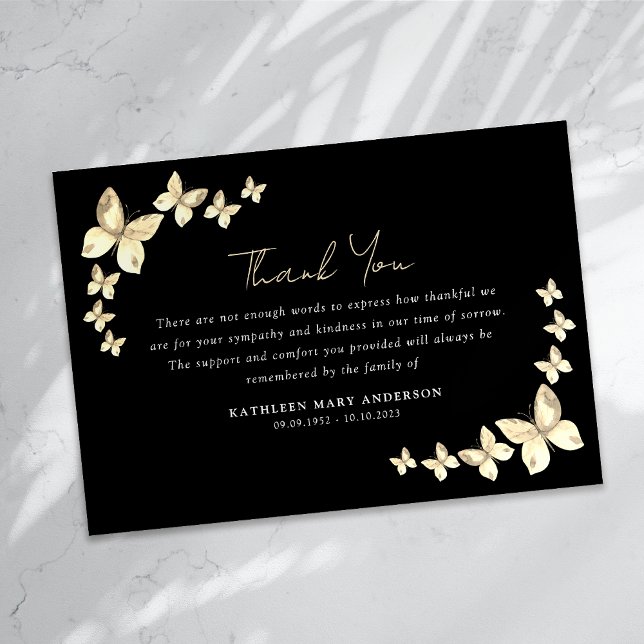 Black Guld Sympathy Butterflies Funeral Tack Kort (Skapare uppladdad)