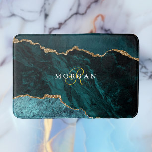 Black Guld & Teal Agate, Guld Monogram & Namn Badrumsmatta