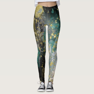 Black Guld Teal Grönt Grunge Splatter Mode Leggings