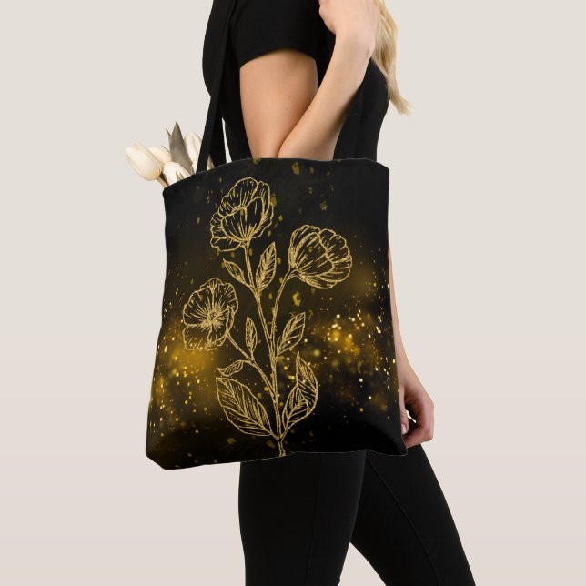 Black & Guld Tote Bag Guld Flowers Tygkasse (Närbild)