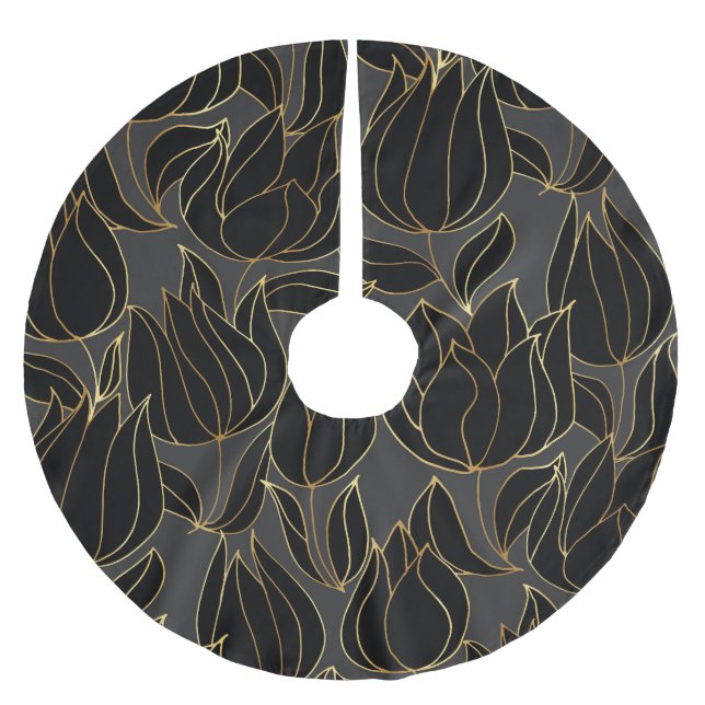 Black Guld Tulips: Blommönstret Luxury Julgransmatta Borstad Polyester (Framsidan)