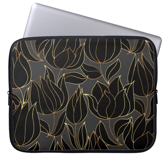 Black Guld Tulips: Blommönstret Luxury Laptop Fodral (Framsidan)