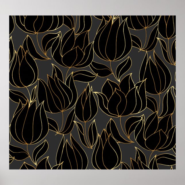 Black Guld Tulips: Blommönstret Luxury Poster (Framsidan)