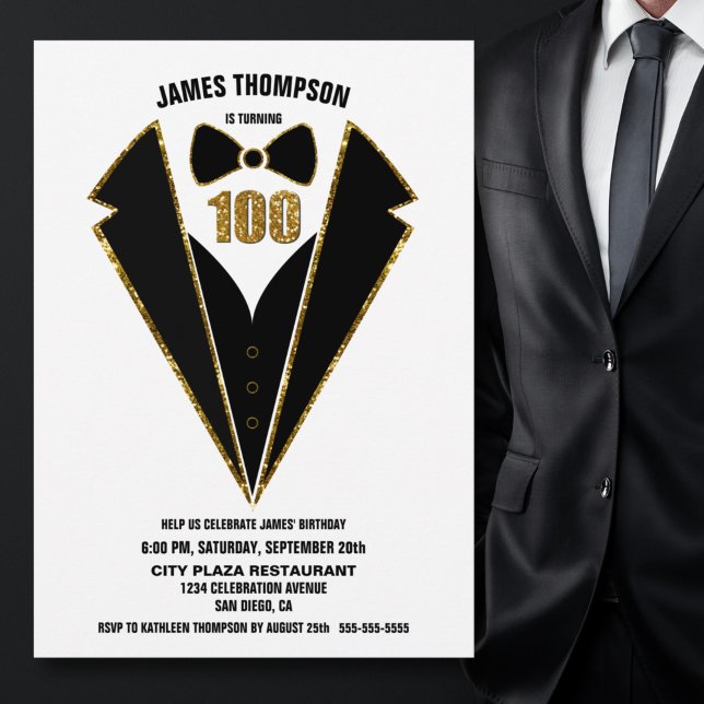 Black Guld Tuxedo 100:e Födelsedagsfesten Inbjudningar (Skapare uppladdad)