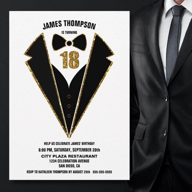 Black Guld Tuxedo 18:e Födelsedagsfesten Inbjudningar (Skapare uppladdad)