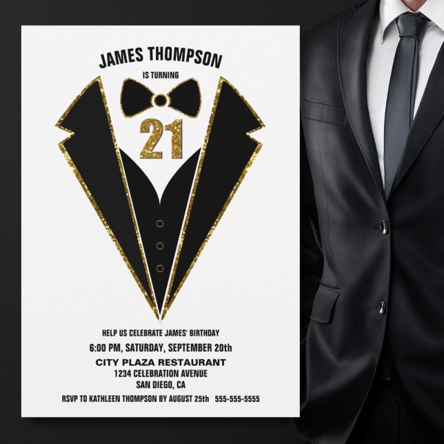 Black Guld Tuxedo 21:a födelsedagen Party Inbjudningar (Skapare uppladdad)