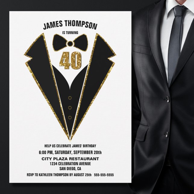 Black Guld Tuxedo 40:e födelsedagen Party Inbjudningar (Skapare uppladdad)